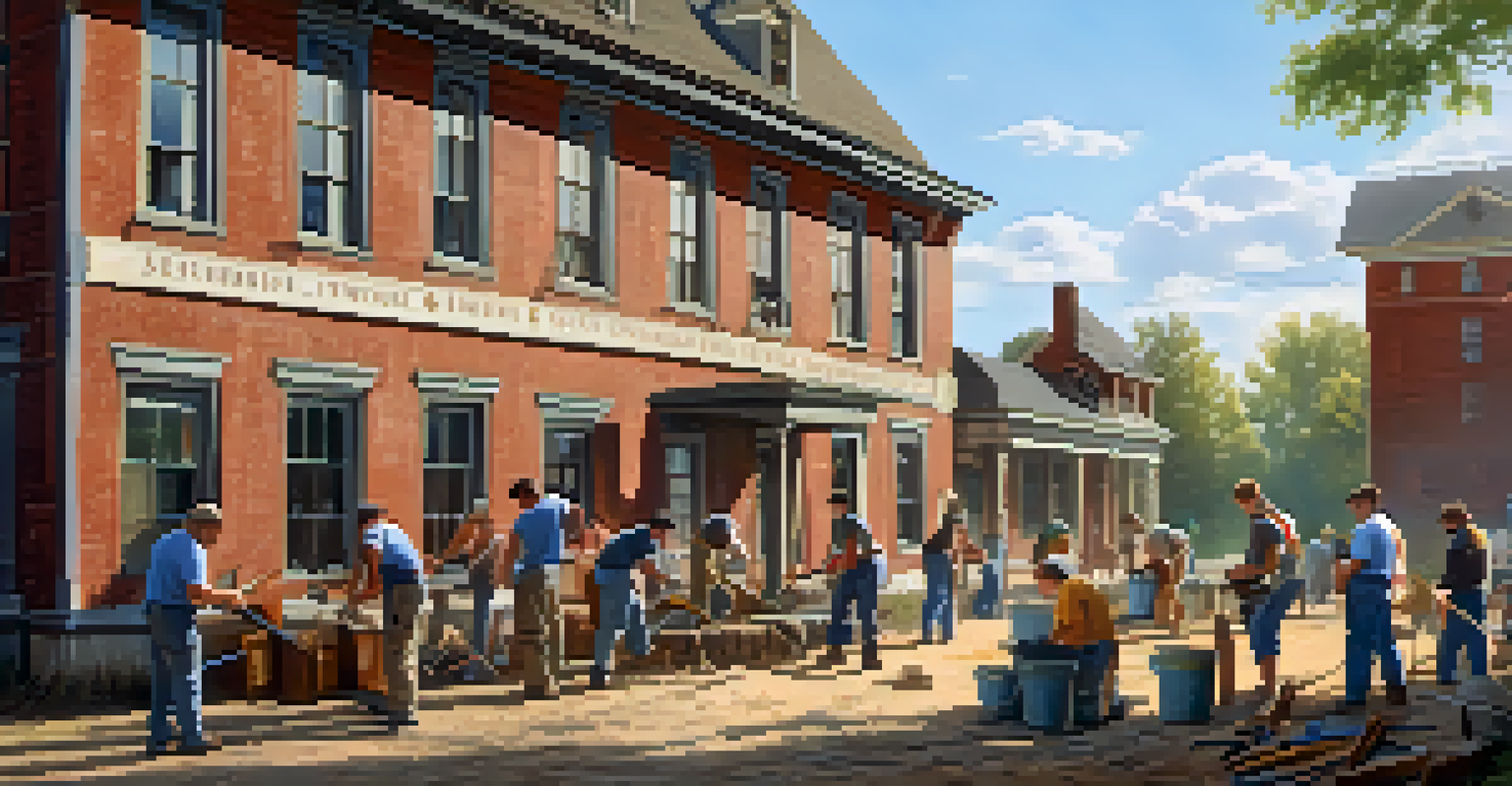 Community volunteers restoring a historic building, with tools and paint buckets in a sunny environment.