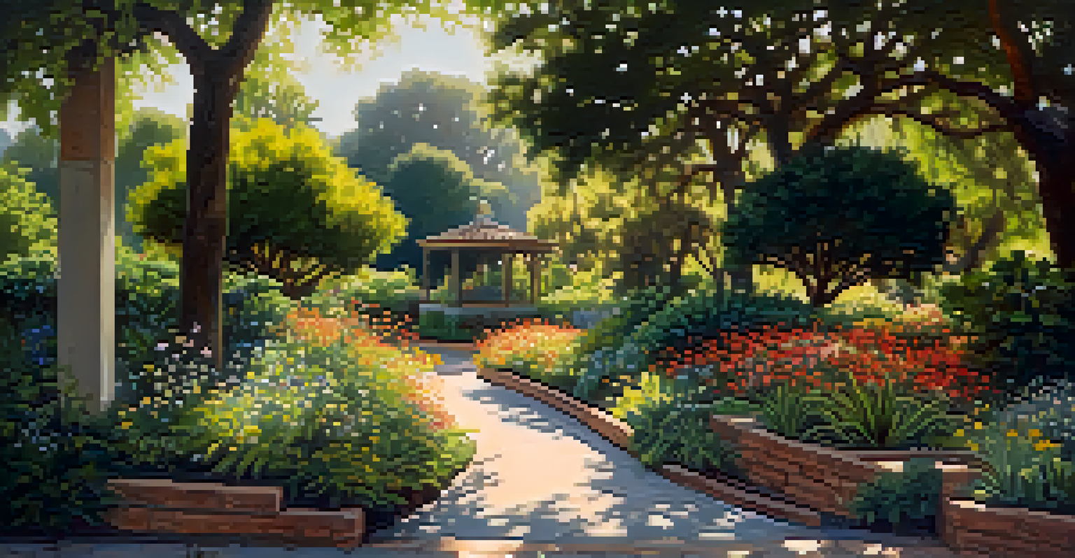A serene garden pathway in Pasadena with blooming flowers and sunlight filtering through the trees, creating a peaceful atmosphere.