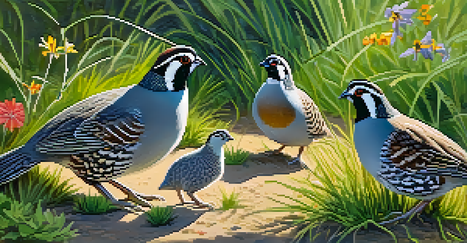 A family of California Quails foraging on the ground in a lush area, showcasing their colorful plumage and distinctive topknots.