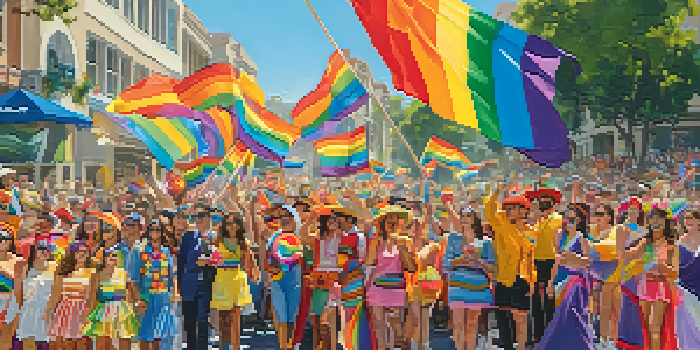 A lively parade scene with diverse participants in colorful costumes and rainbow flags, surrounded by cheering spectators and colorful floats under a blue sky.