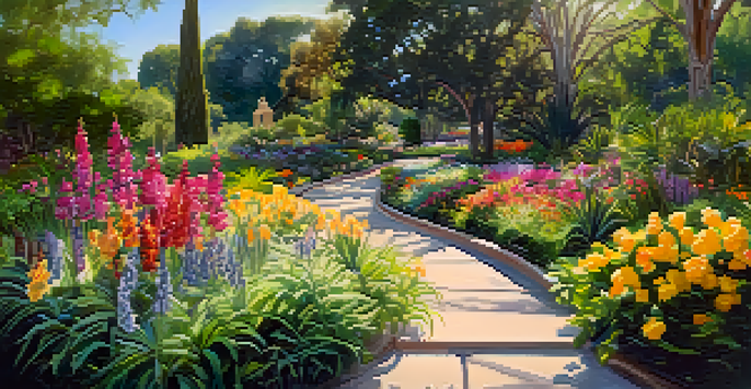 A bright and colorful view of Pasadena's Botanical Gardens with blooming flowers and visitors participating in gardening activities.