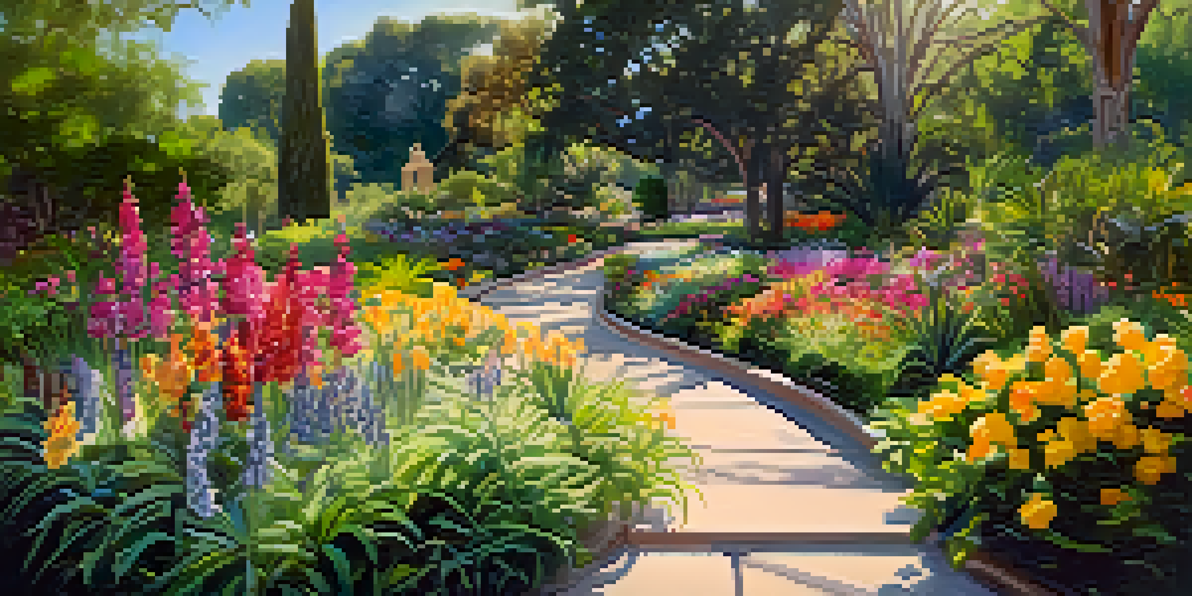 A bright and colorful view of Pasadena's Botanical Gardens with blooming flowers and visitors participating in gardening activities.