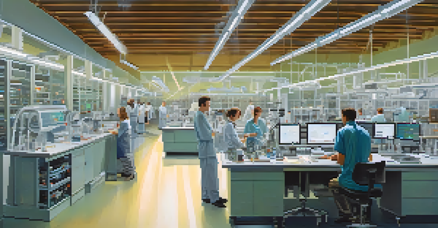 A modern laboratory with researchers working together, equipped with scientific tools and bright lighting.