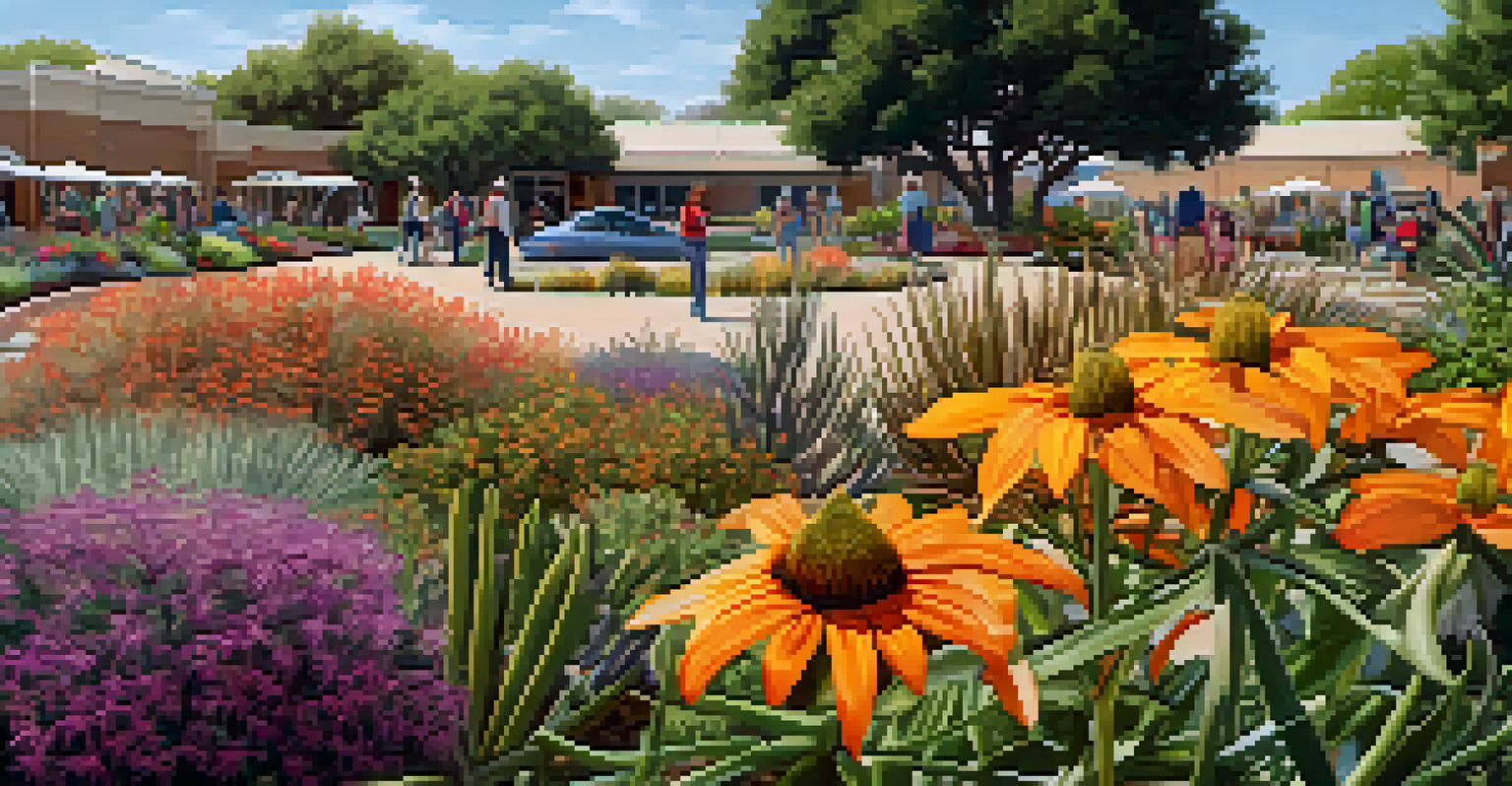 A detailed view of native drought-tolerant flowers in Arlington Garden, with volunteers in the background.