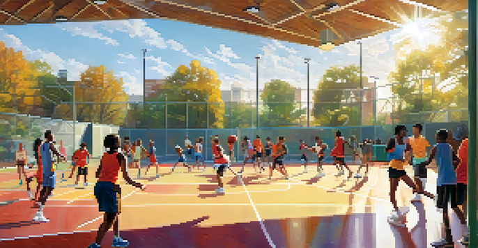 A lively community center with people playing basketball, tennis, and participating in fitness classes under bright sunlight.