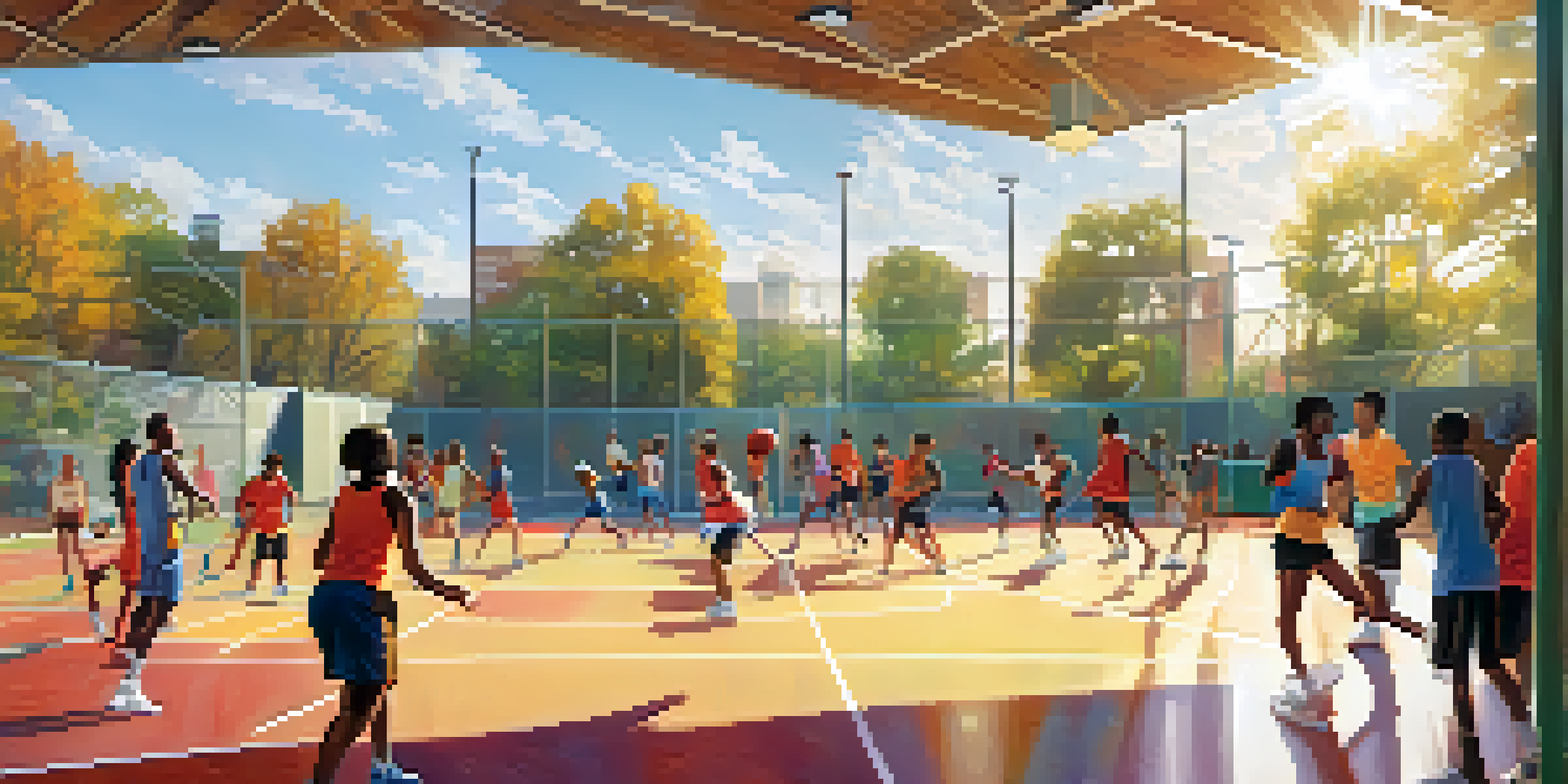 A lively community center with people playing basketball, tennis, and participating in fitness classes under bright sunlight.