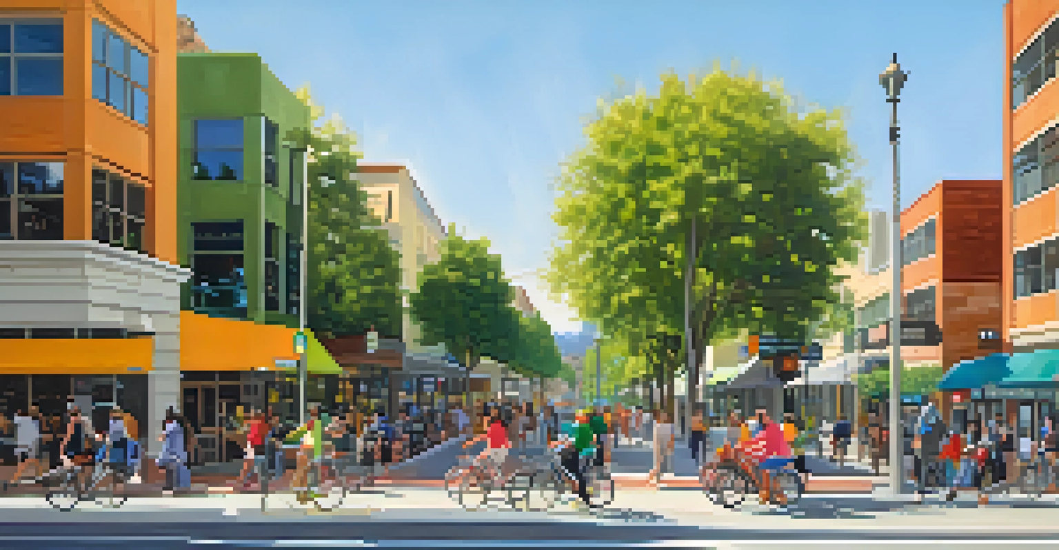 An urban scene in Pasadena with new buildings, parks, and people actively engaging in the community.