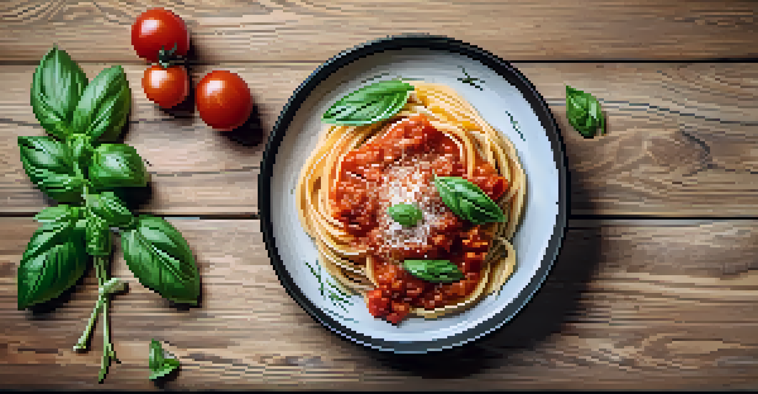 A beautifully plated gourmet pasta dish with tomato sauce and fresh basil on a rustic wooden table.