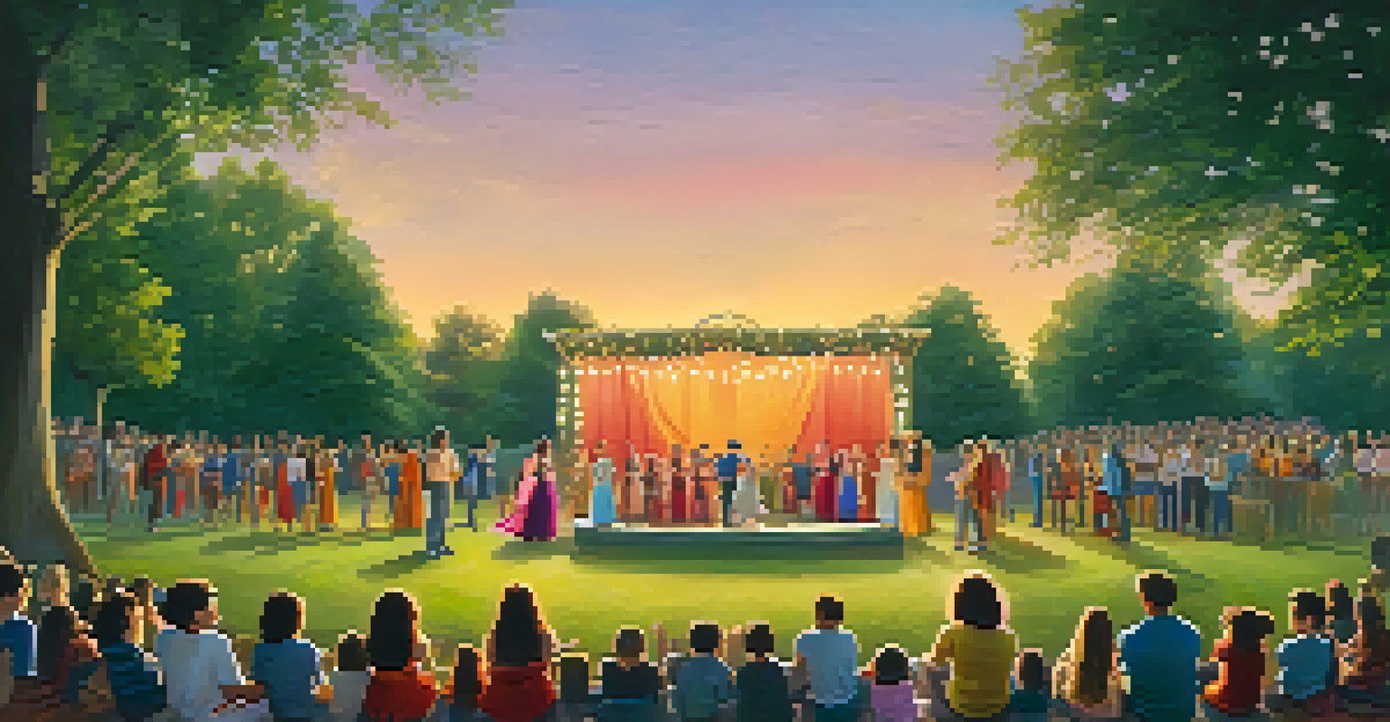 Young actors performing in a theater production outdoors at sunset, with colorful costumes and a park setting filled with an attentive audience.