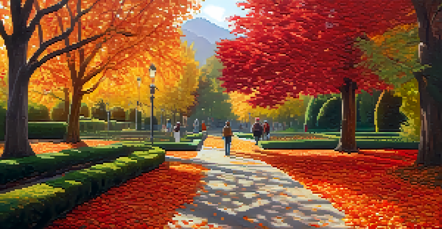 A picturesque autumn scene in a botanical garden filled with colorful leaves, with visitors walking along a path and a harvest celebration banner in the background.