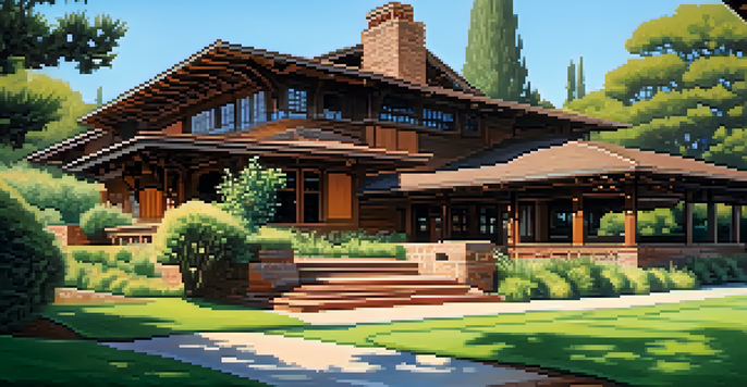 The Gamble House, a Craftsman architectural masterpiece, surrounded by vibrant gardens and illuminated by warm afternoon sunlight.