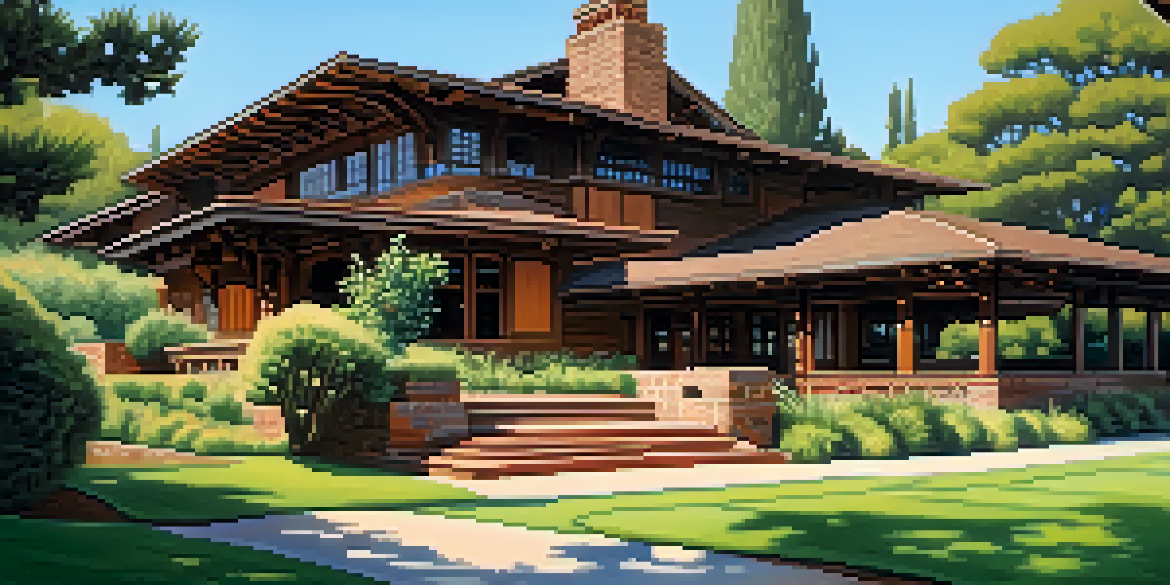 The Gamble House, a Craftsman architectural masterpiece, surrounded by vibrant gardens and illuminated by warm afternoon sunlight.