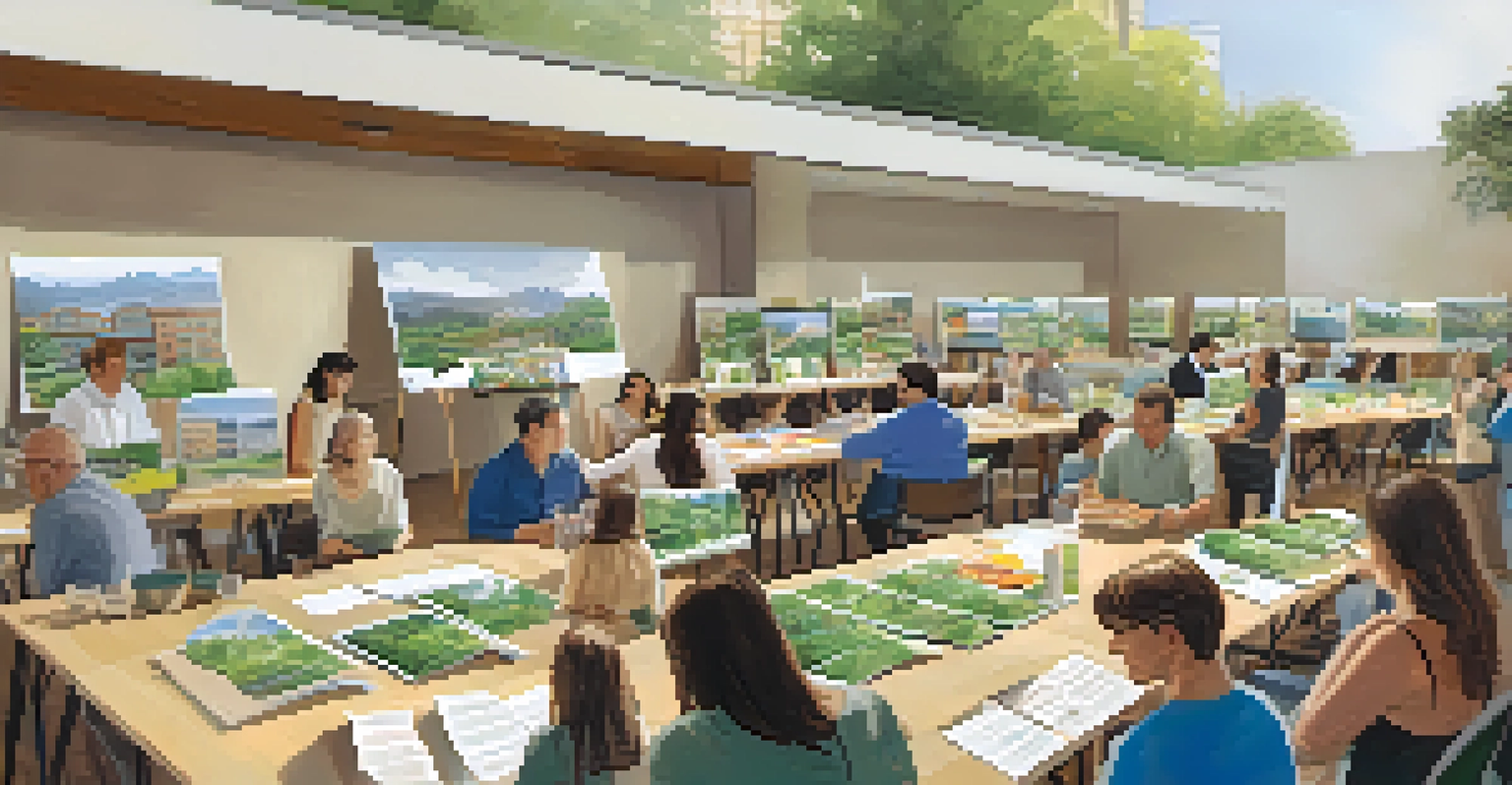 A community workshop in Pasadena where residents discuss sustainable building practices, surrounded by eco-friendly materials and brochures.