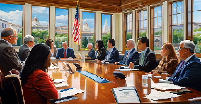 A city council meeting in Pasadena with diverse members discussing around a wooden table, illuminated by natural light.
