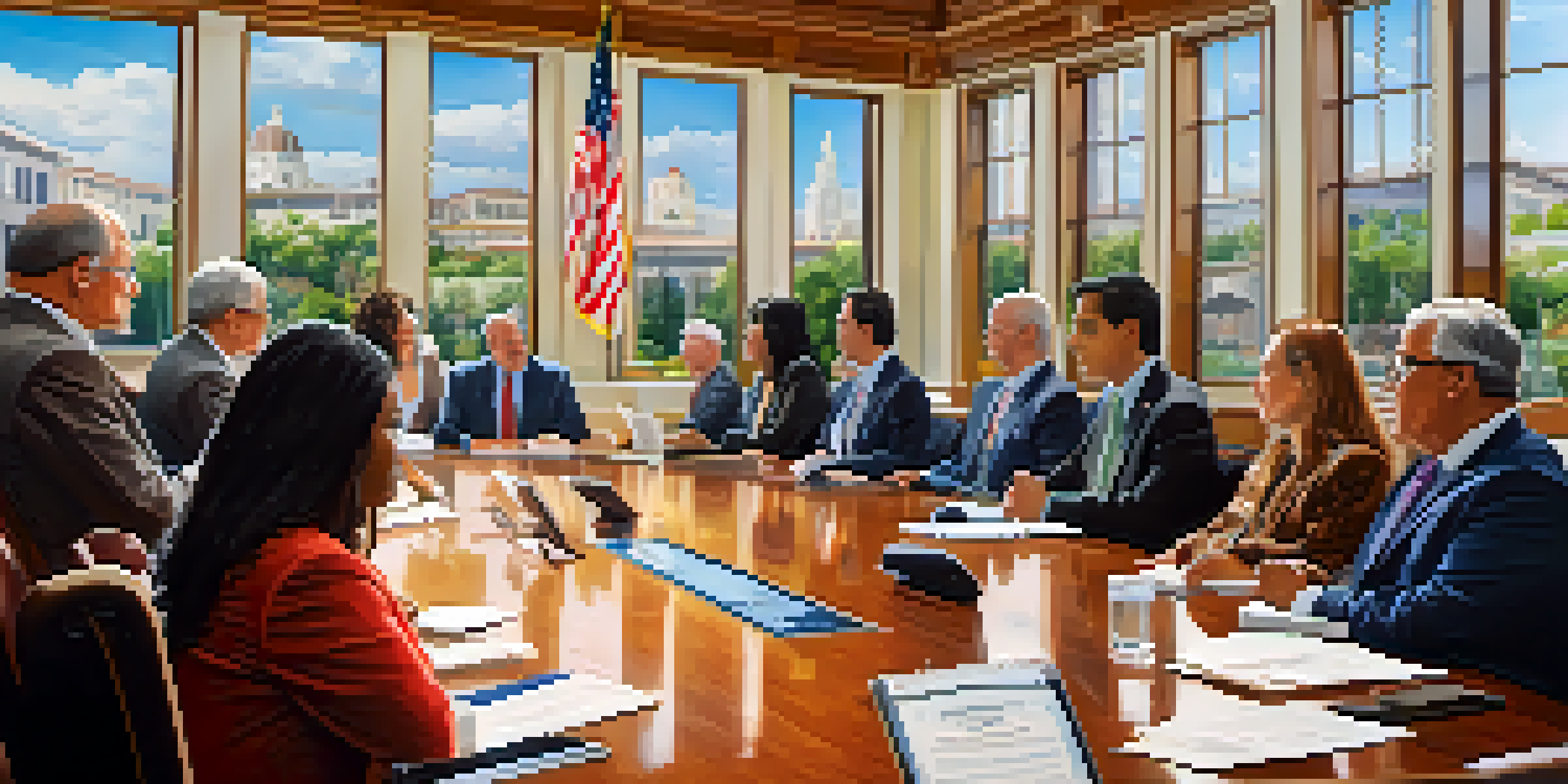 A city council meeting in Pasadena with diverse members discussing around a wooden table, illuminated by natural light.