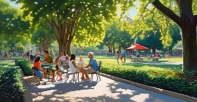 A lively urban park in Pasadena with people enjoying picnics, jogging, and children playing, surrounded by lush greenery and colorful flowers.
