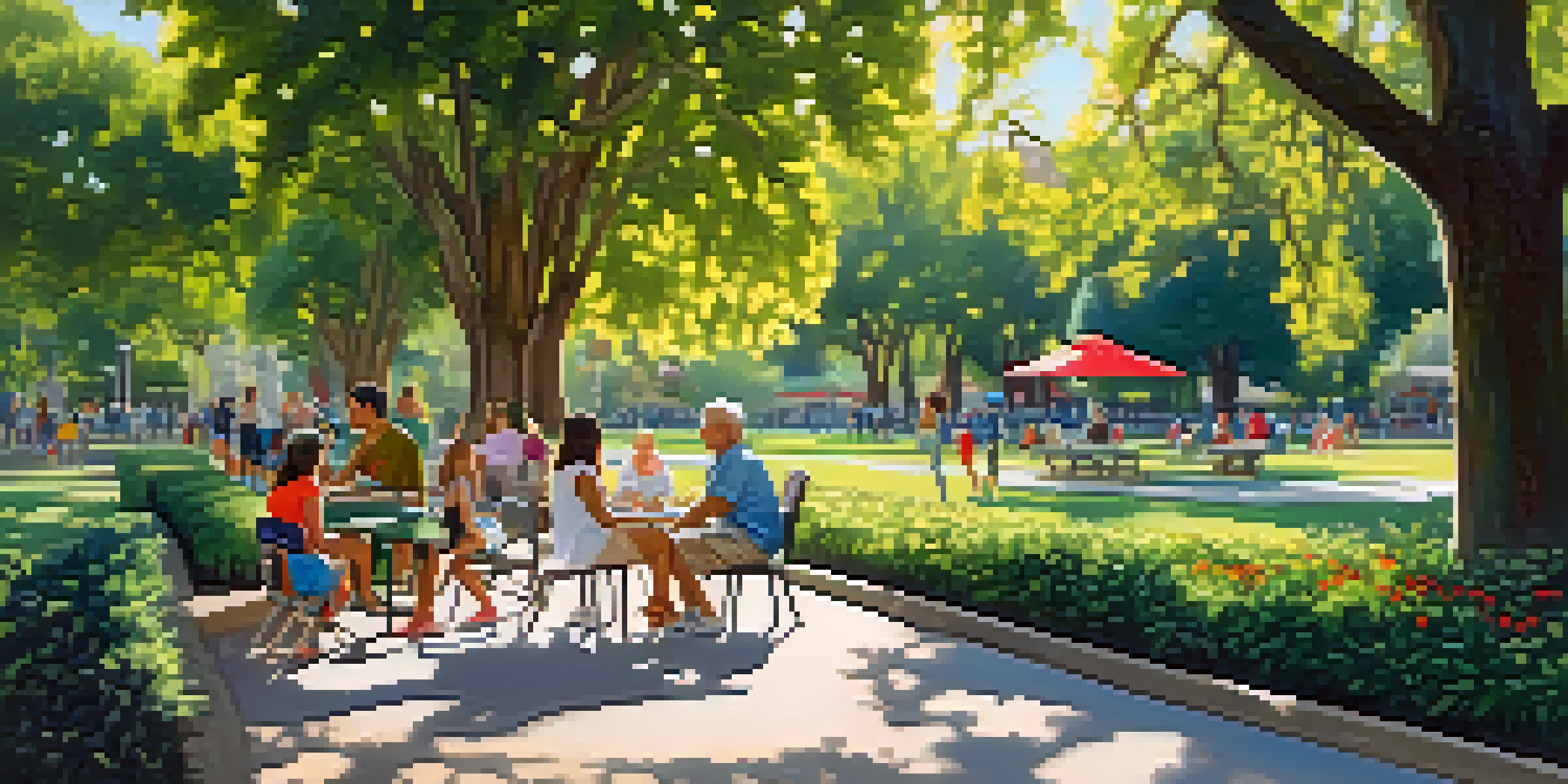 A lively urban park in Pasadena with people enjoying picnics, jogging, and children playing, surrounded by lush greenery and colorful flowers.