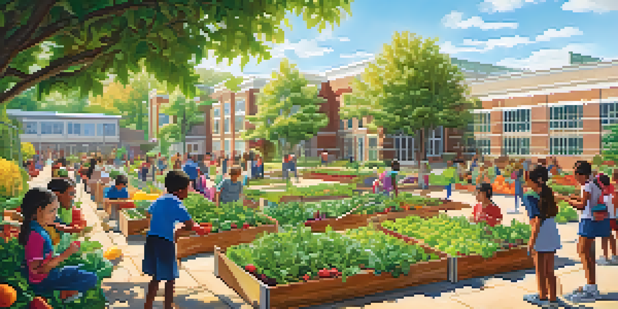Students of various ethnicities working together in a sunny school garden, planting and harvesting colorful fruits and vegetables.