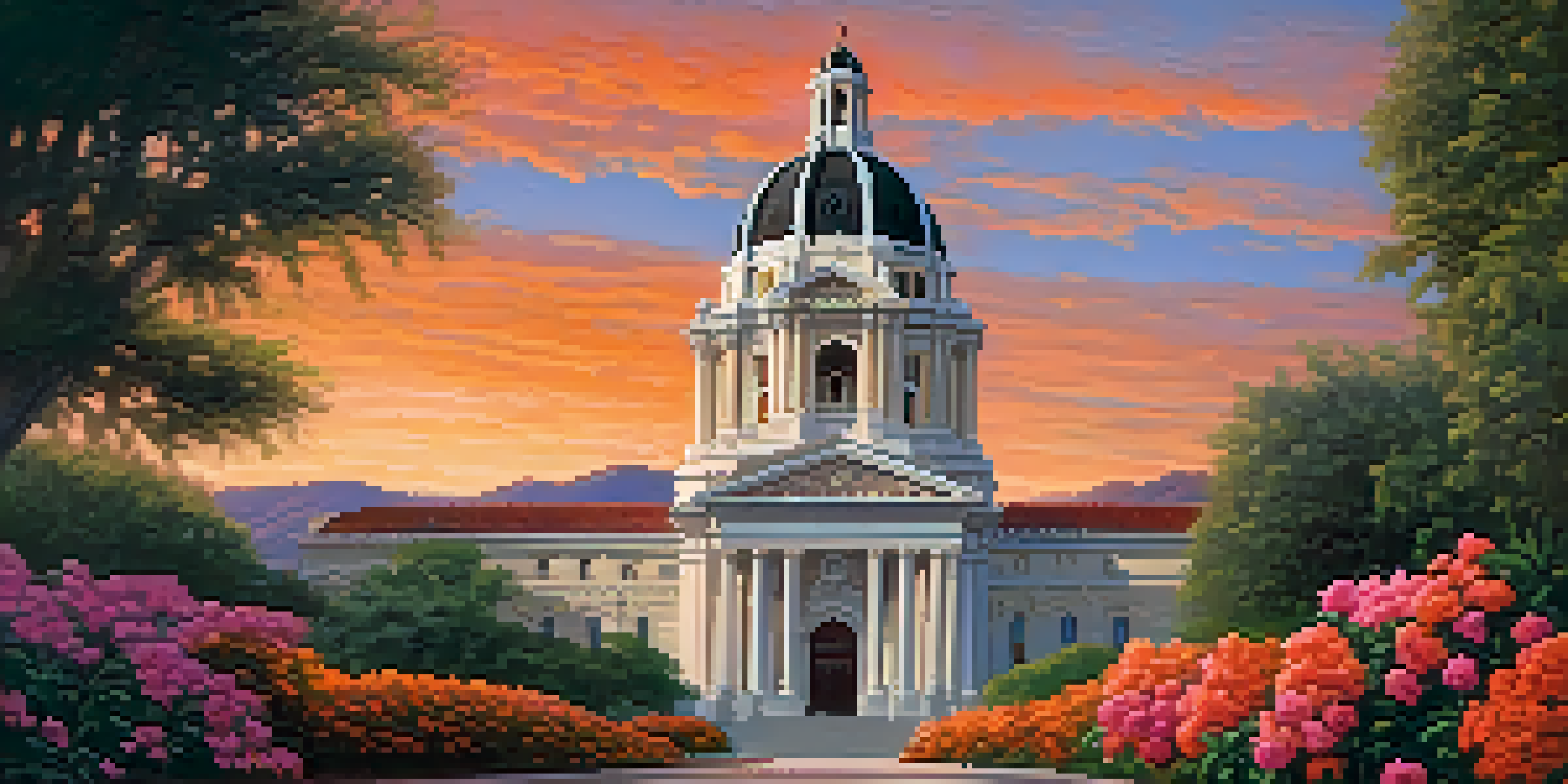 A sunset view of Pasadena's City Hall with blooming rose bushes in the foreground and mountains in the background.