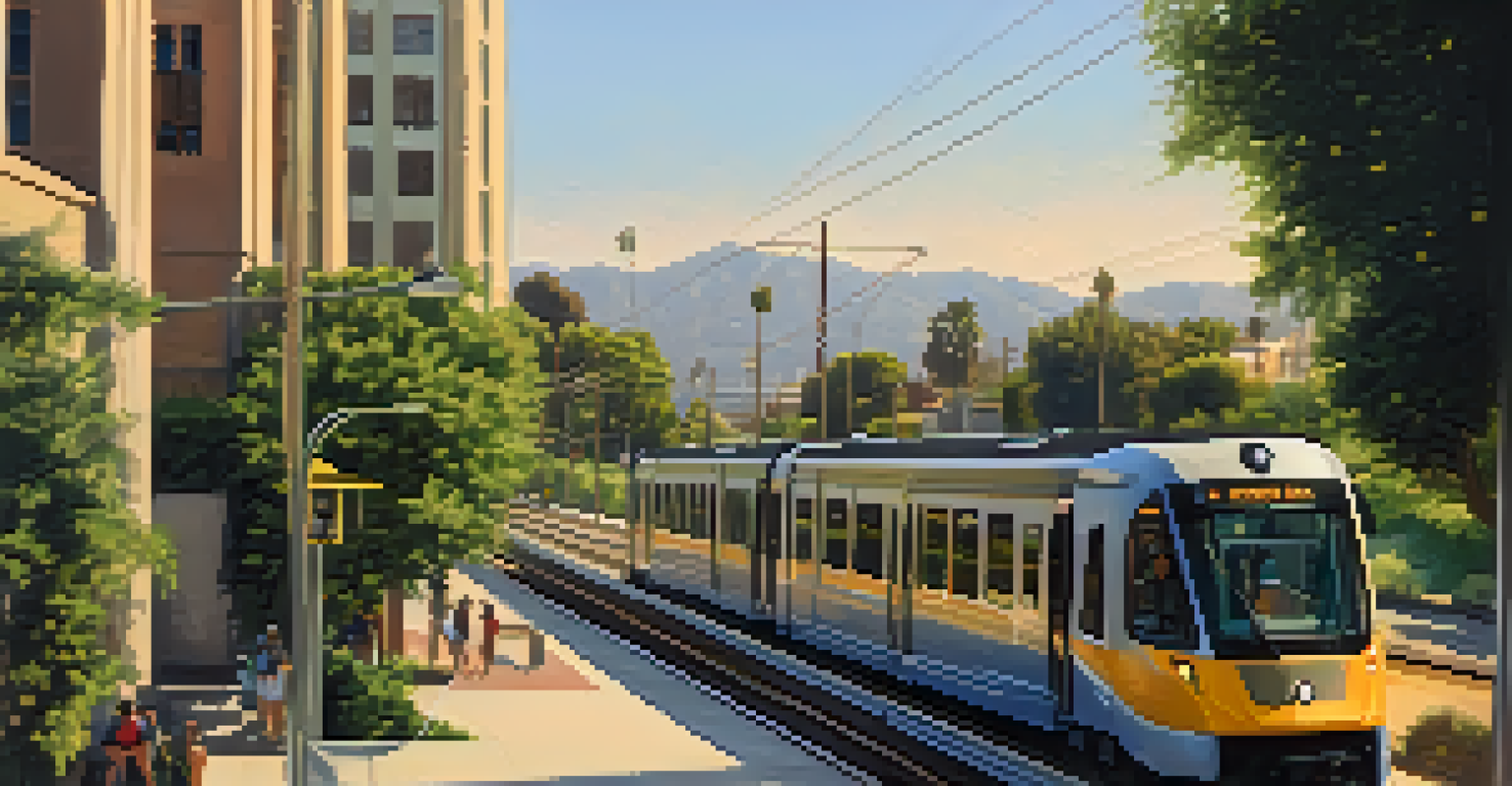 A view from the Metro Gold Line light rail showing greenery and city buildings, with passengers visible inside the train.