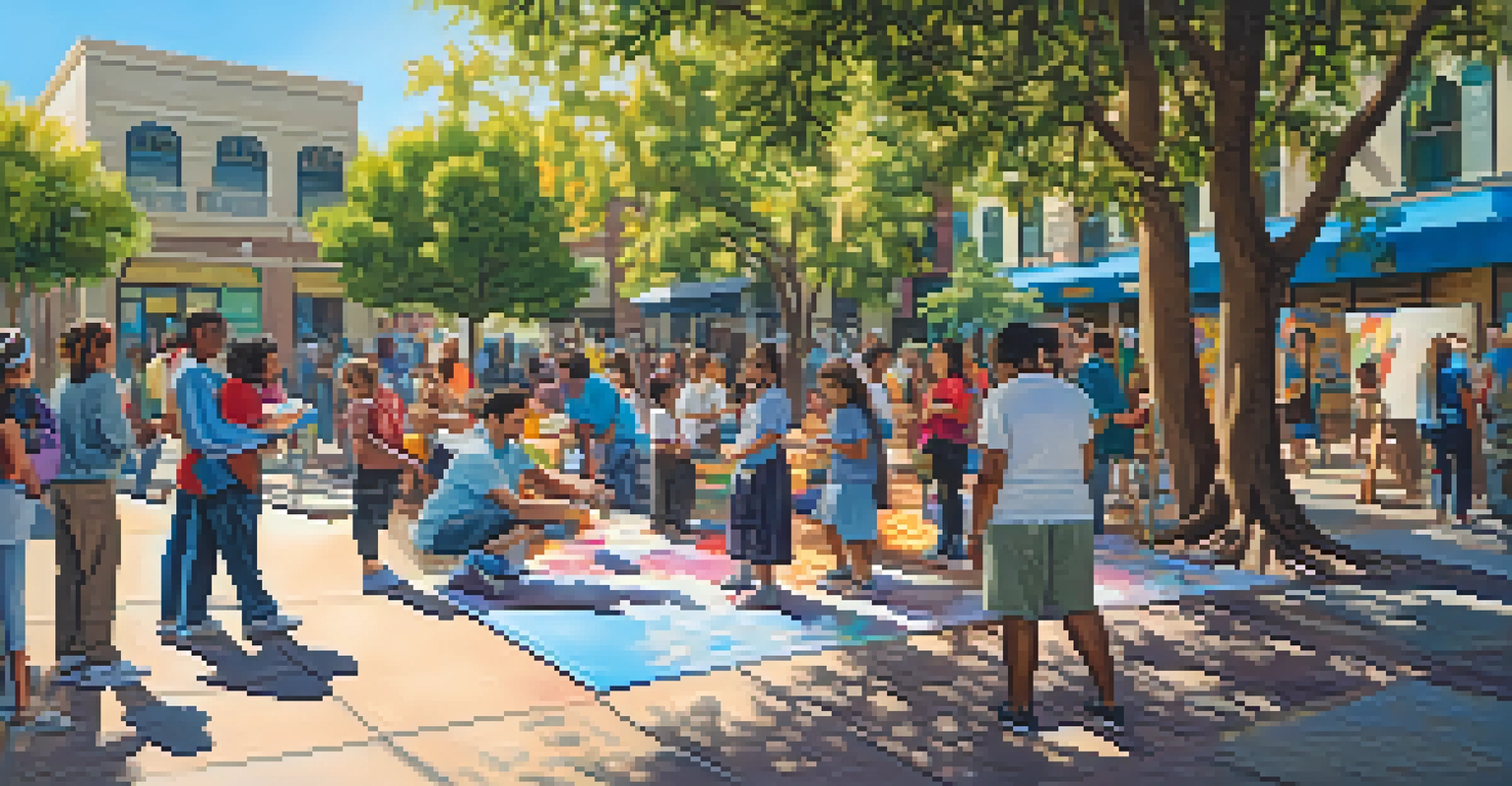 A diverse group of people collaborating on a colorful mural during a community art workshop in Pasadena.