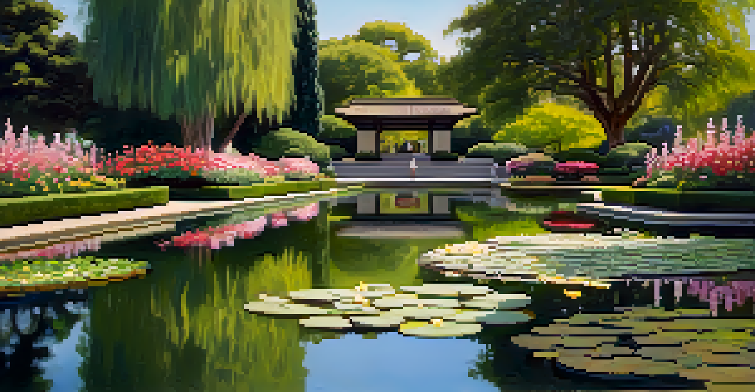 A peaceful garden with a pond filled with water lilies, bordered by neatly trimmed hedges and colorful flowers, with people walking along the paths.