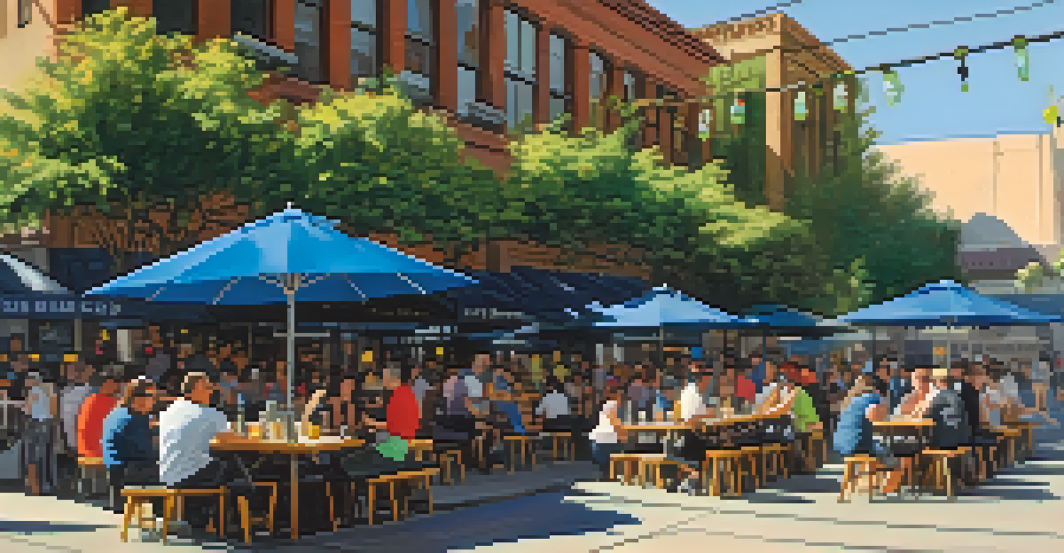 Outdoor brewery patio in Pasadena with customers enjoying craft beer and food trucks in a sunny setting.