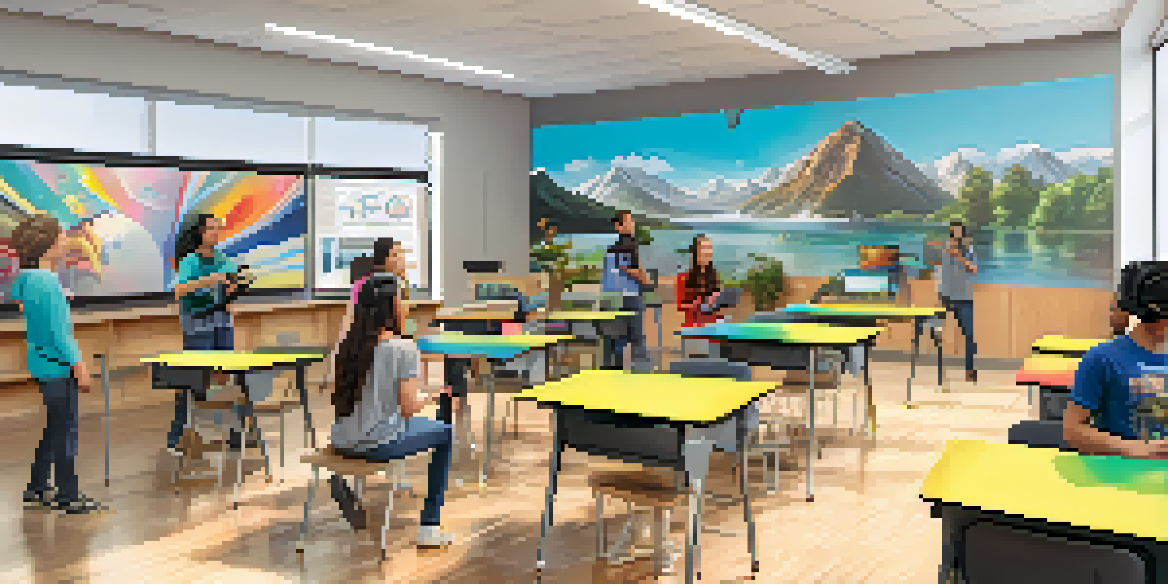 A bright modern classroom in Pasadena with students using virtual reality headsets and smartboards, showcasing a vibrant learning environment.
