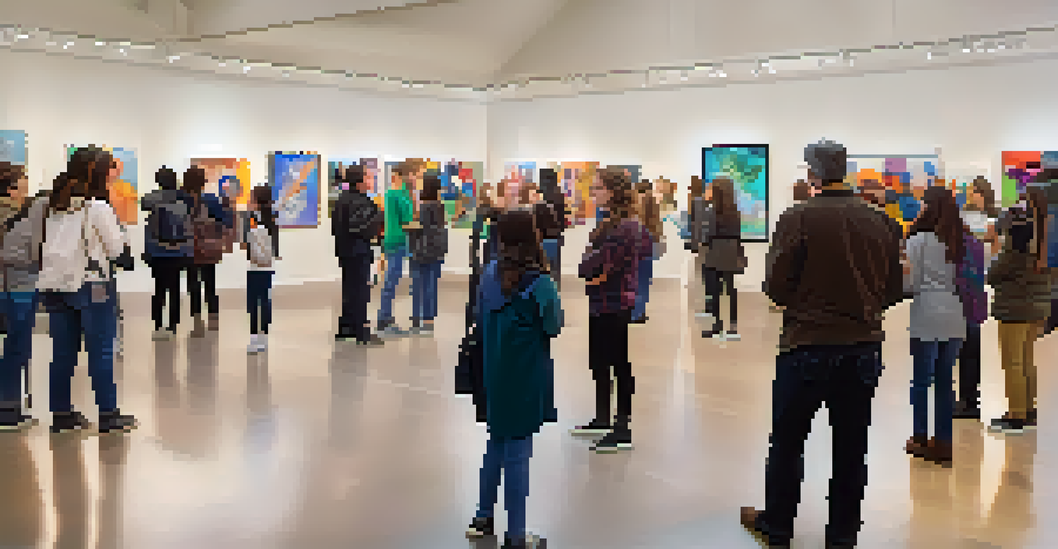 An art exhibition featuring student artworks in a school setting with attendees interacting with young artists.