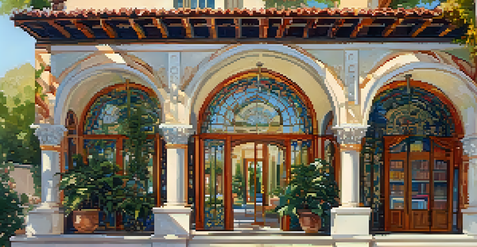 A Spanish Revival library with stucco walls, red-tiled roof, and arched doorways, surrounded by colorful tiles and greenery.