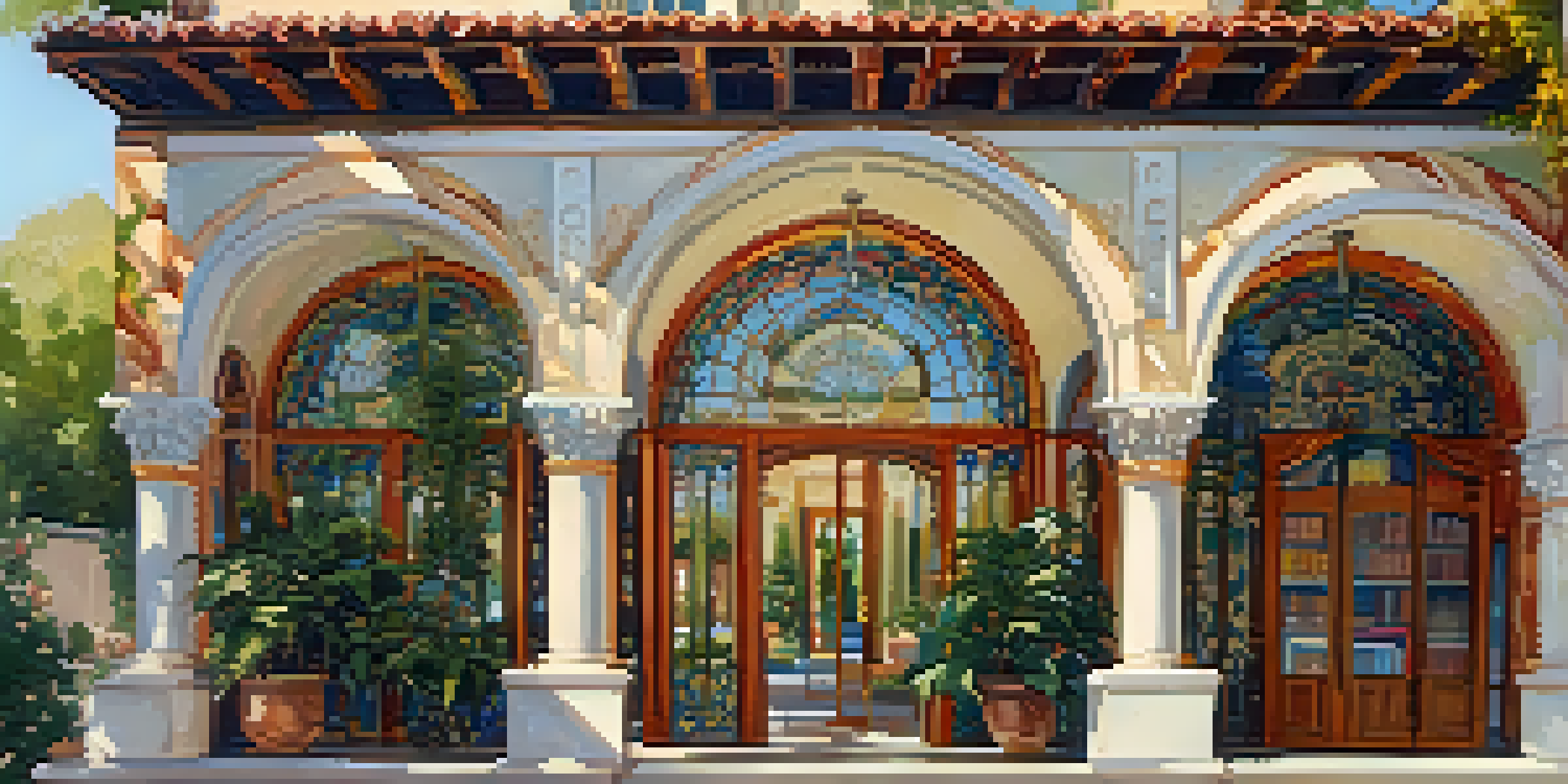 A Spanish Revival library with stucco walls, red-tiled roof, and arched doorways, surrounded by colorful tiles and greenery.