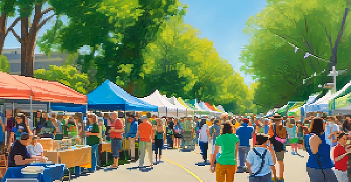 Families participating in eco-friendly activities at Pasadena's Earth Day Celebration, with colorful booths and green surroundings.