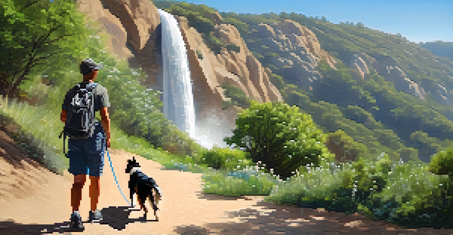 A hiking trail in Eaton Canyon with a dog and owner walking towards a beautiful waterfall, surrounded by nature and wildflowers.