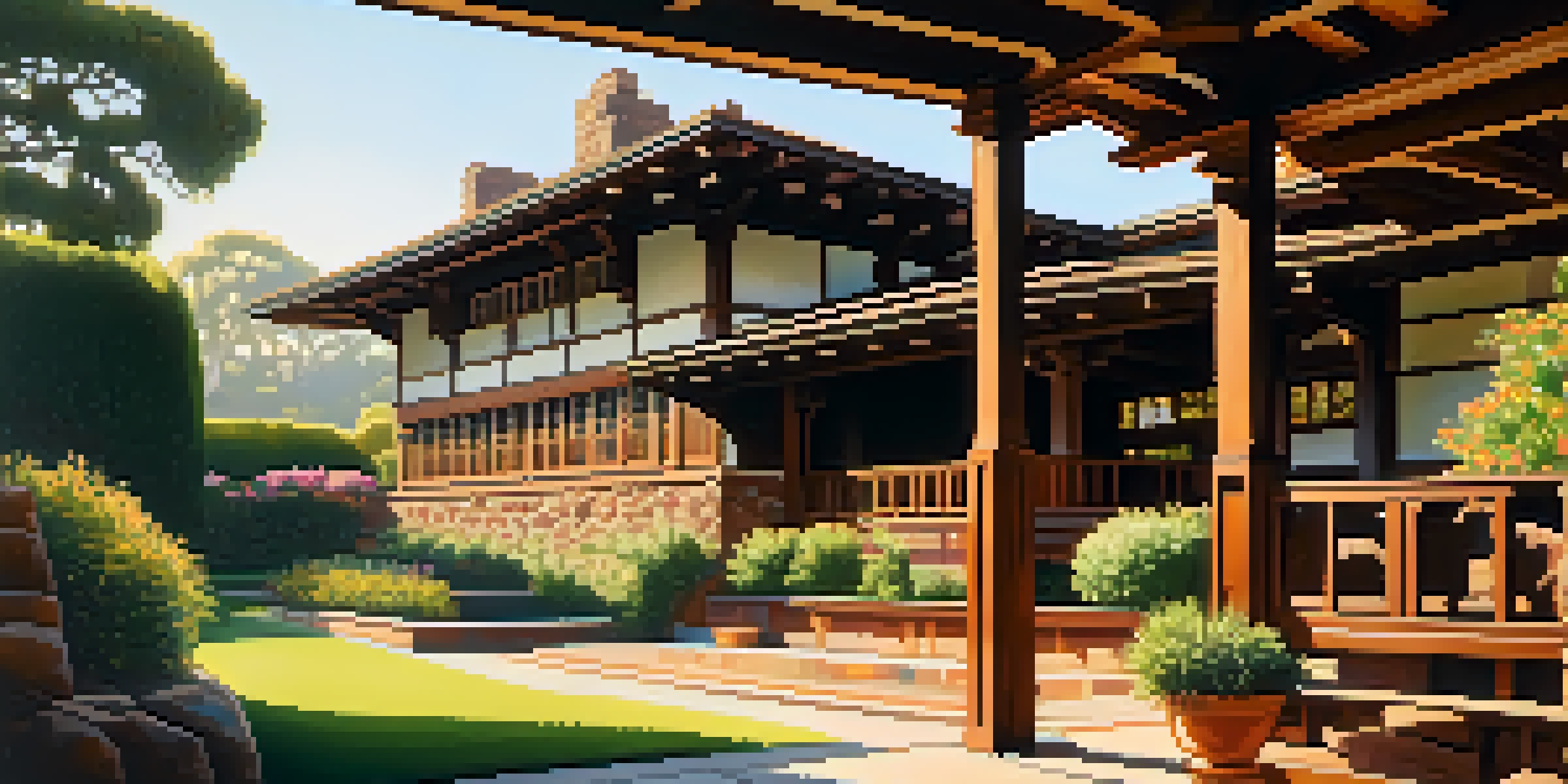 A beautiful photograph of the Gamble House, featuring its detailed architecture and surrounding lush gardens under soft sunlight.