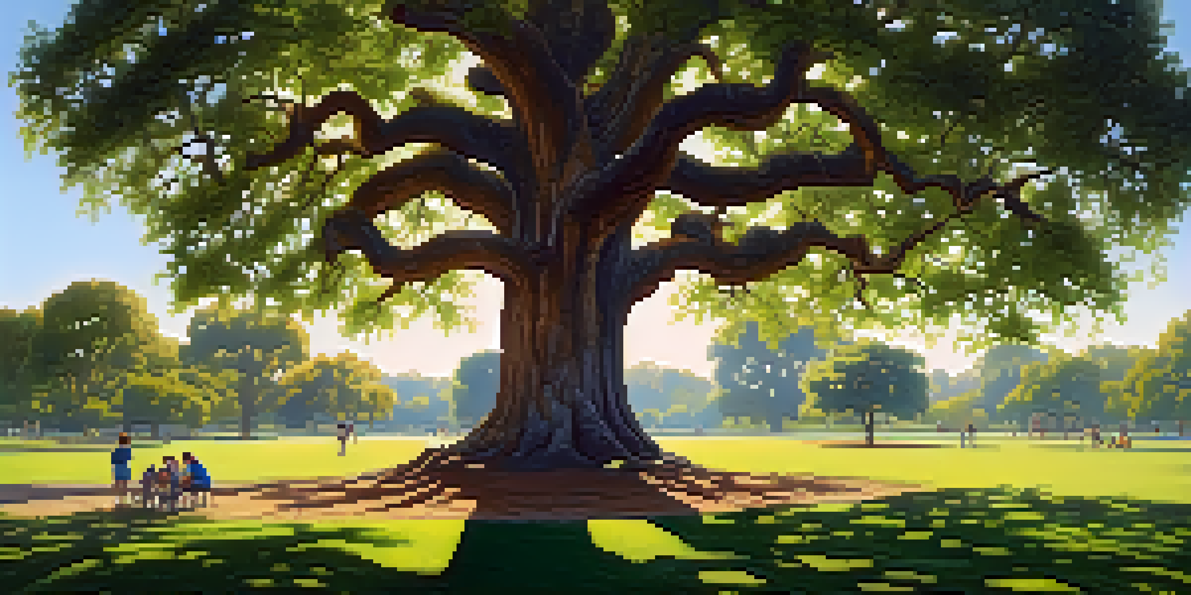 A large oak tree in a park surrounded by families enjoying a picnic, with sunlight filtering through the leaves.