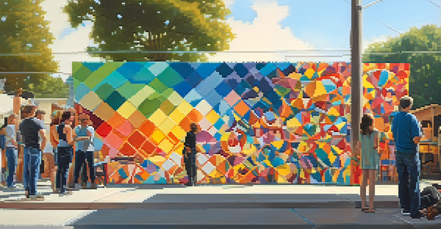 An artist creating a vibrant mural at the Pasadena Art Walk, surrounded by curious onlookers and colorful art installations.
