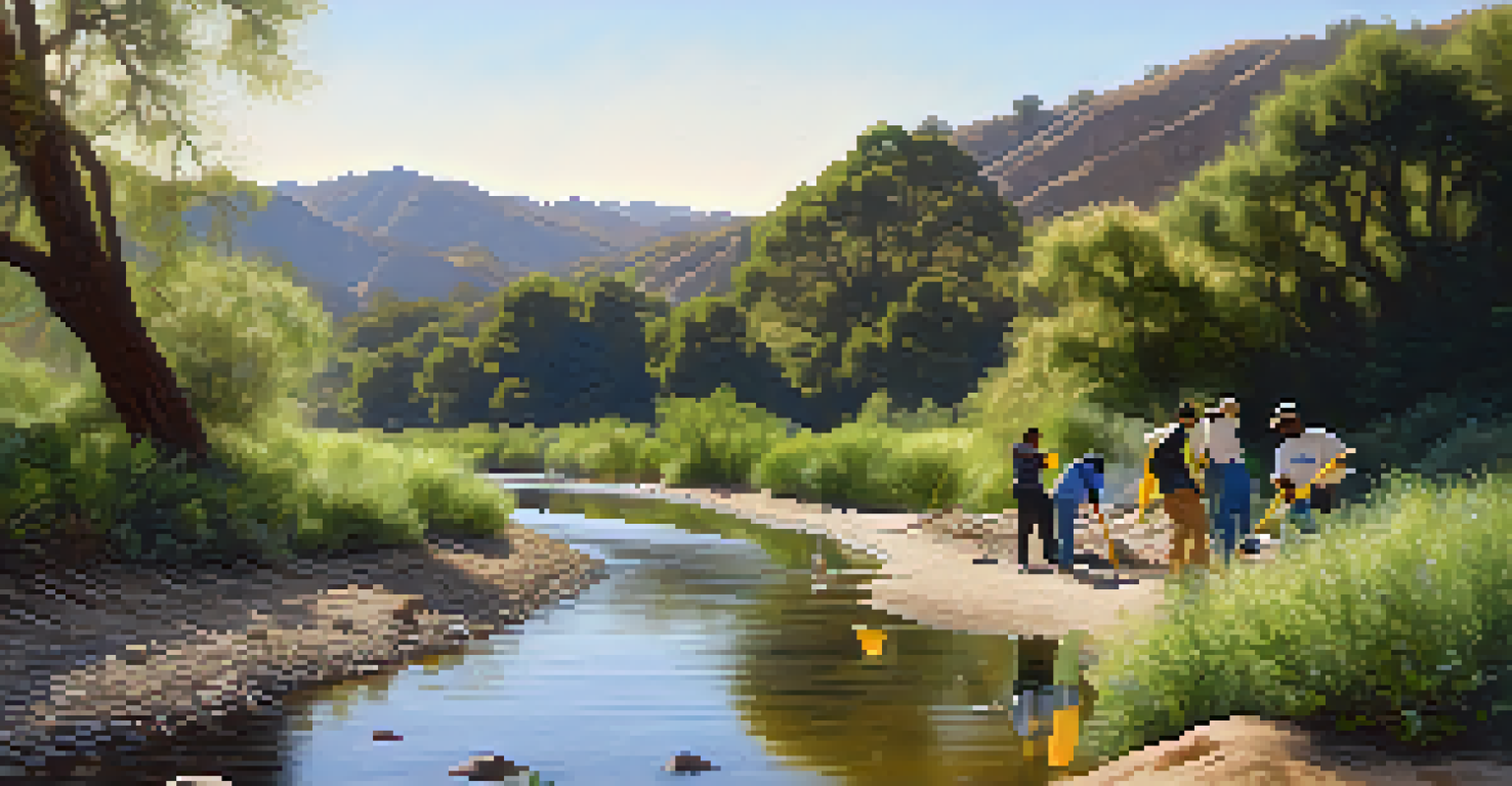 Volunteers cleaning the Arroyo Seco riverbed surrounded by lush greenery and flowing water.