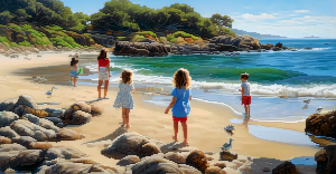 A coastal view near Pasadena with rocky shores, sandy beaches, and tide pools. A family explores the tide pools while seagulls fly overhead.