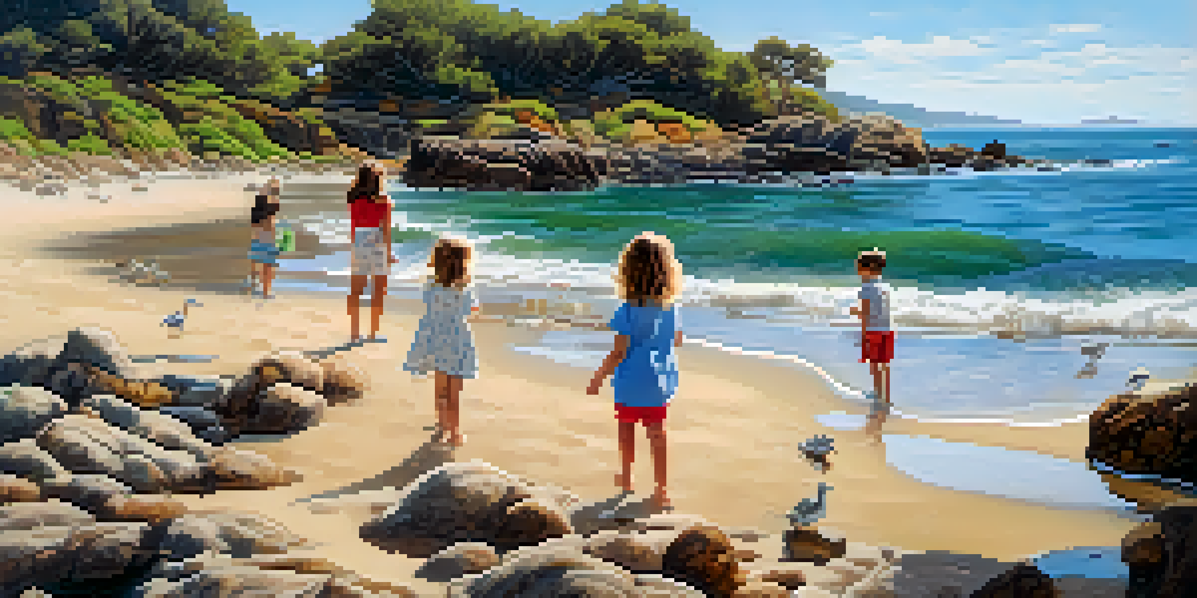 A coastal view near Pasadena with rocky shores, sandy beaches, and tide pools. A family explores the tide pools while seagulls fly overhead.