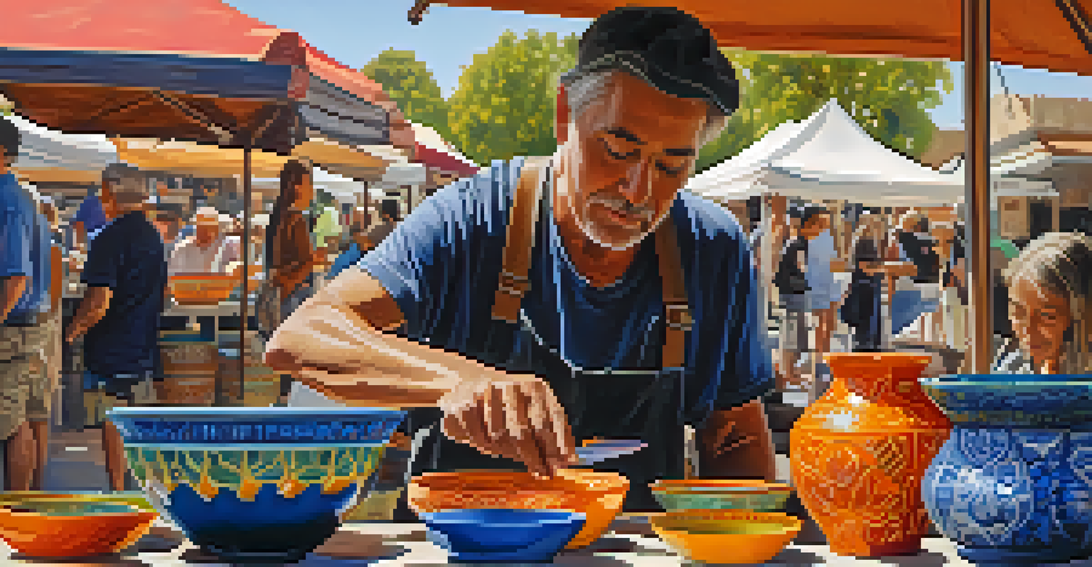 An artisan creating pottery at a farmer's market, surrounded by unique handmade ceramic pieces and engaged shoppers.