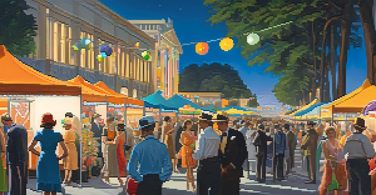 A lively Art Deco festival in Pasadena with people in 1920s attire and colorful decorations.