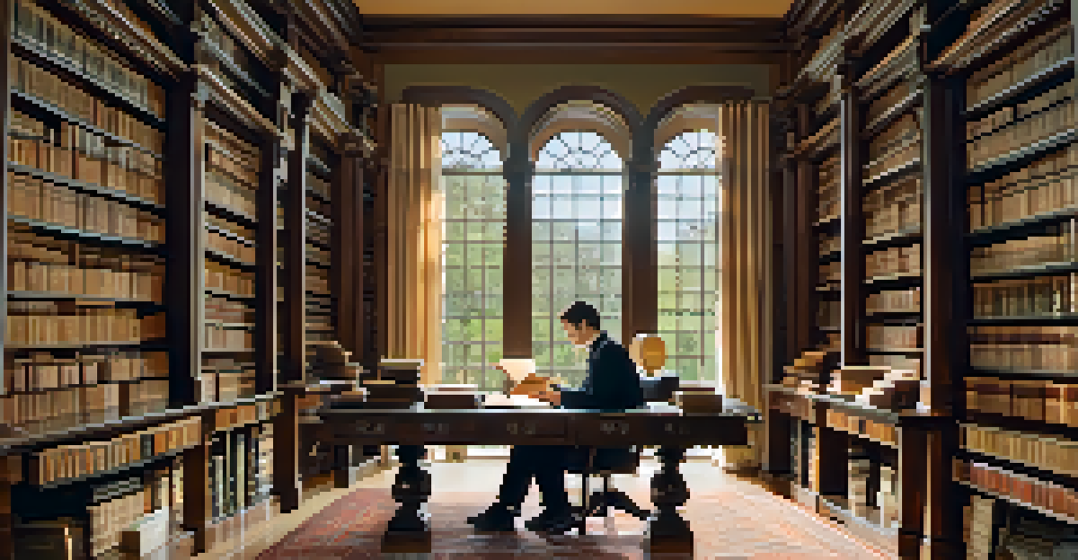 Interior view of a library with shelves of rare books and a scholar studying at a wooden table.