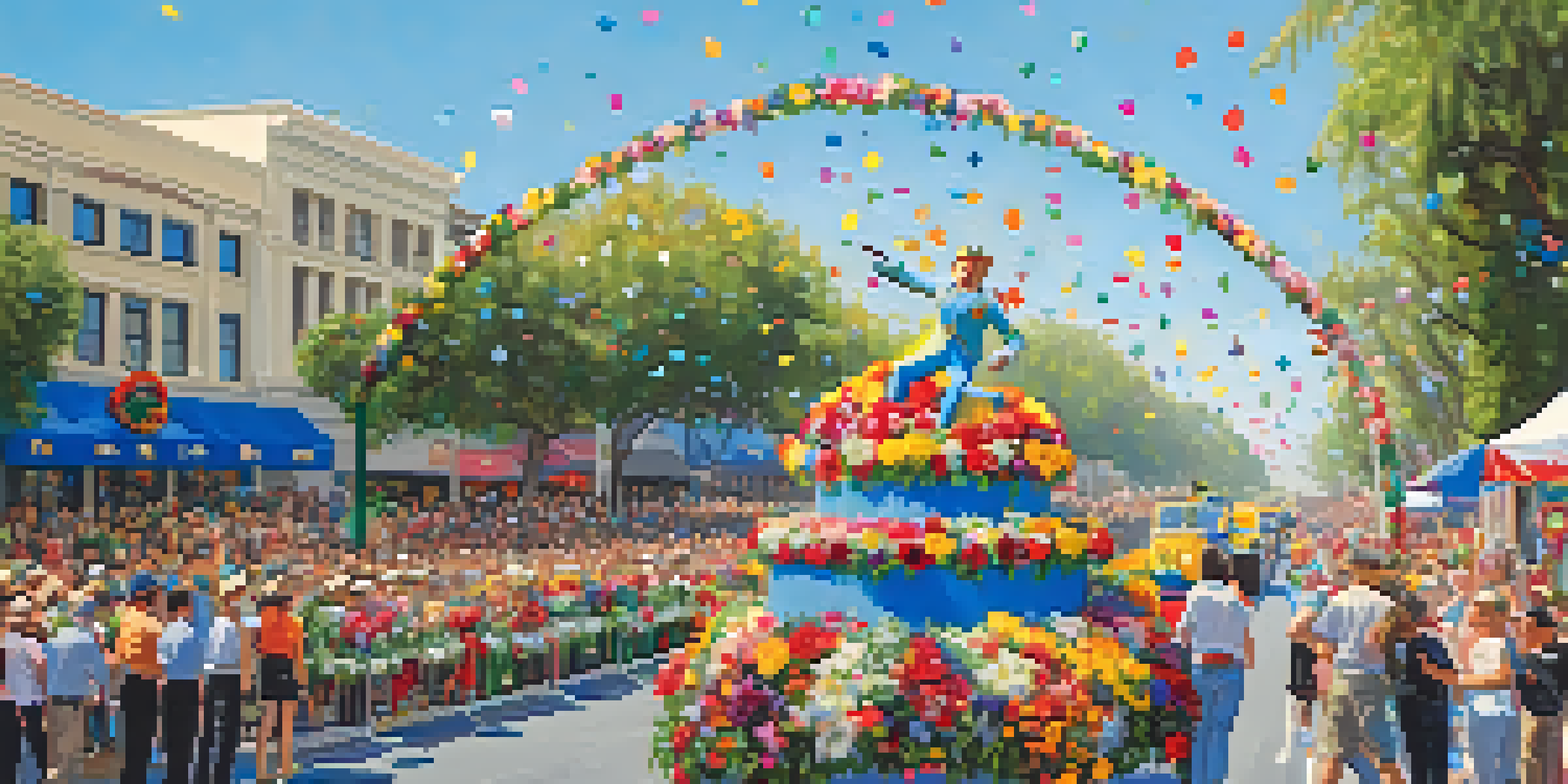 A lively Rose Parade scene with colorful floral floats and diverse spectators enjoying the event under a bright blue sky.