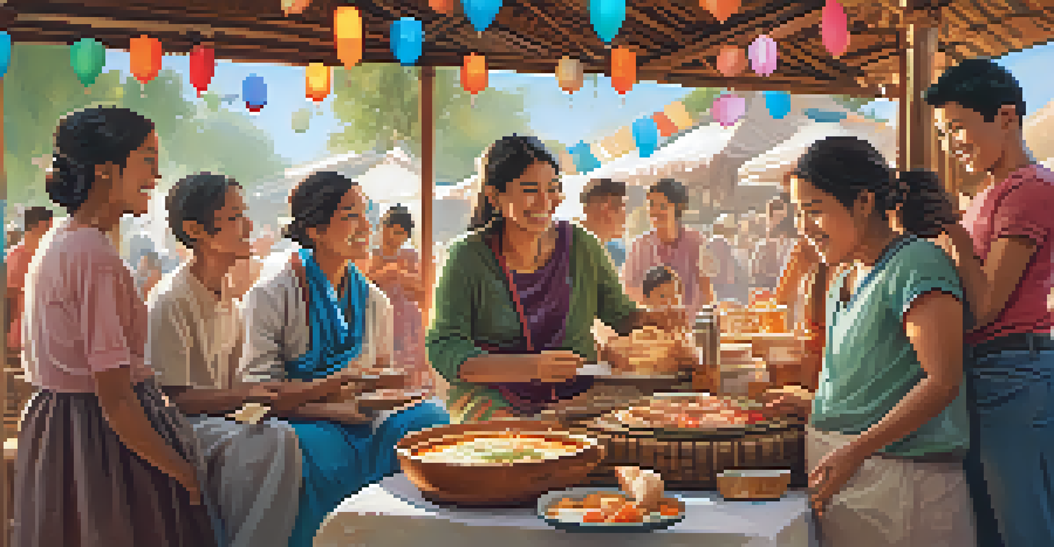 A family enjoying traditional food at a heritage festival, surrounded by cultural decorations and happy festival-goers in the background.