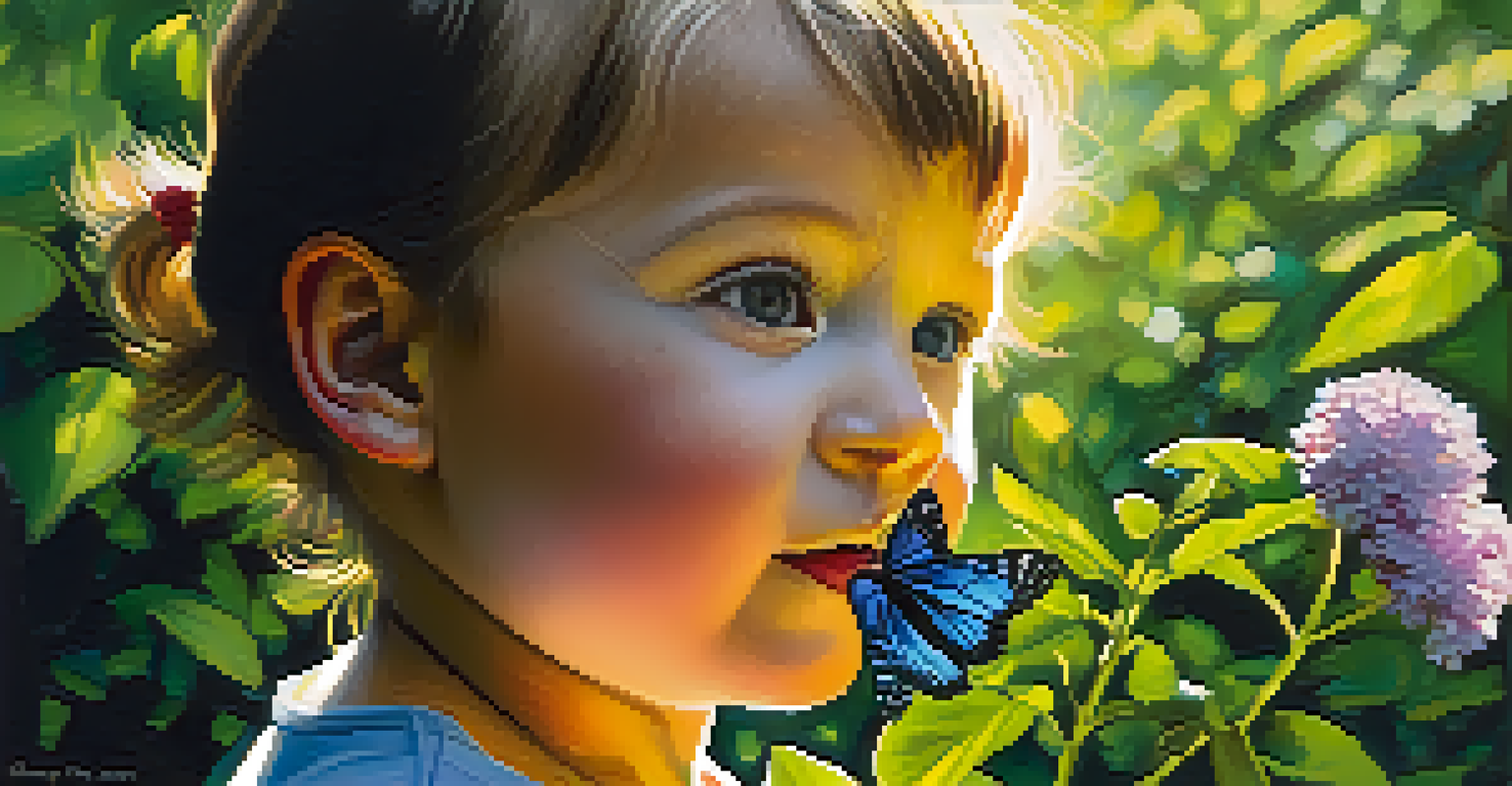 A child watching a butterfly on a flower in a park, expressing wonder amid lush greenery and sunlight.