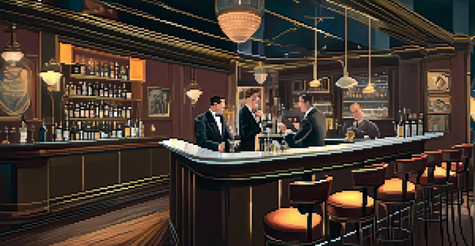 A vintage speakeasy bar with dim lighting and plush seating, featuring a bartender mixing cocktails.