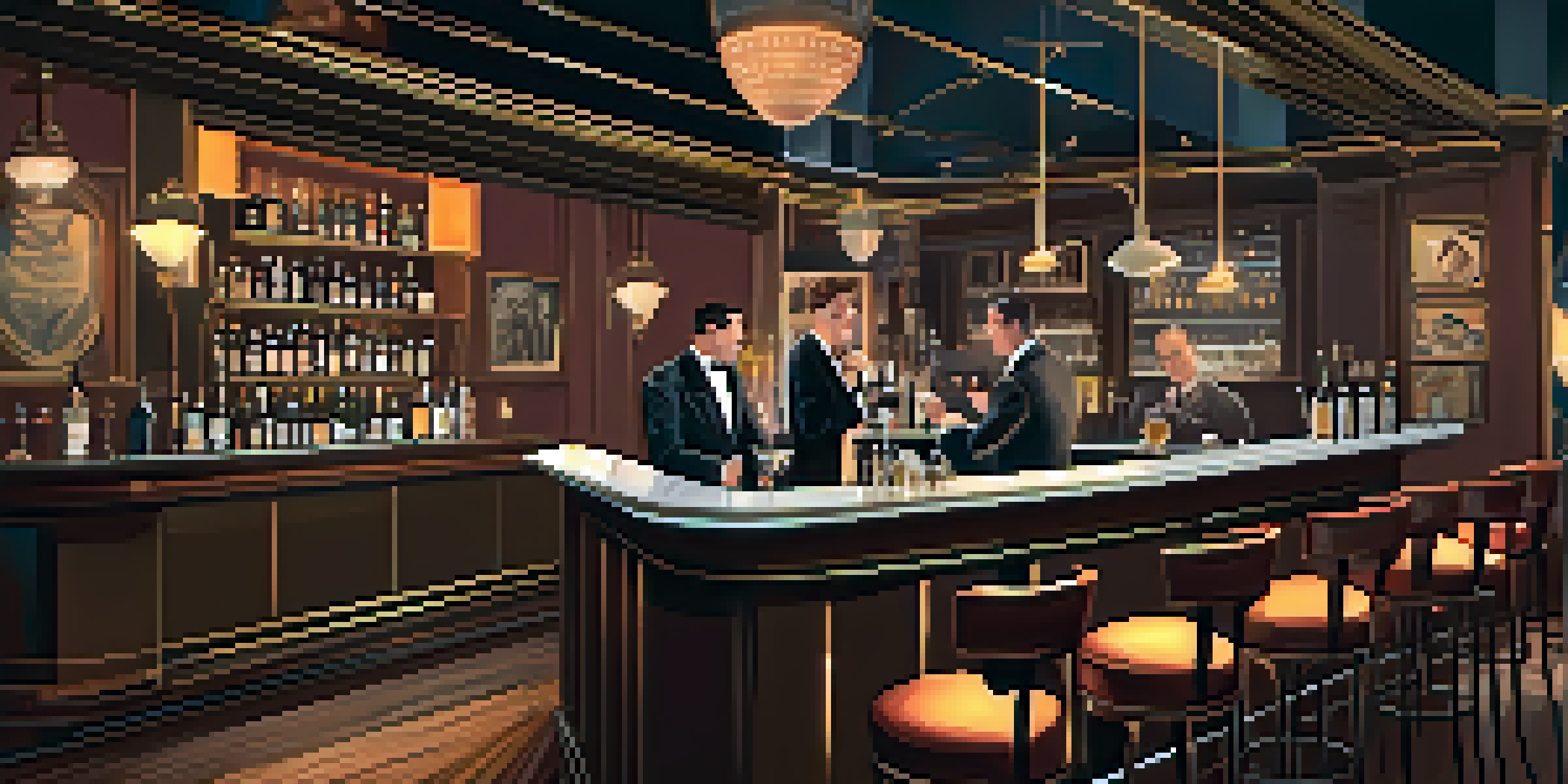 A vintage speakeasy bar with dim lighting and plush seating, featuring a bartender mixing cocktails.
