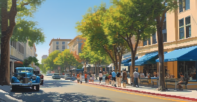 A lively Pasadena street with historic architecture and people enjoying an outdoor art exhibit under sunny skies.