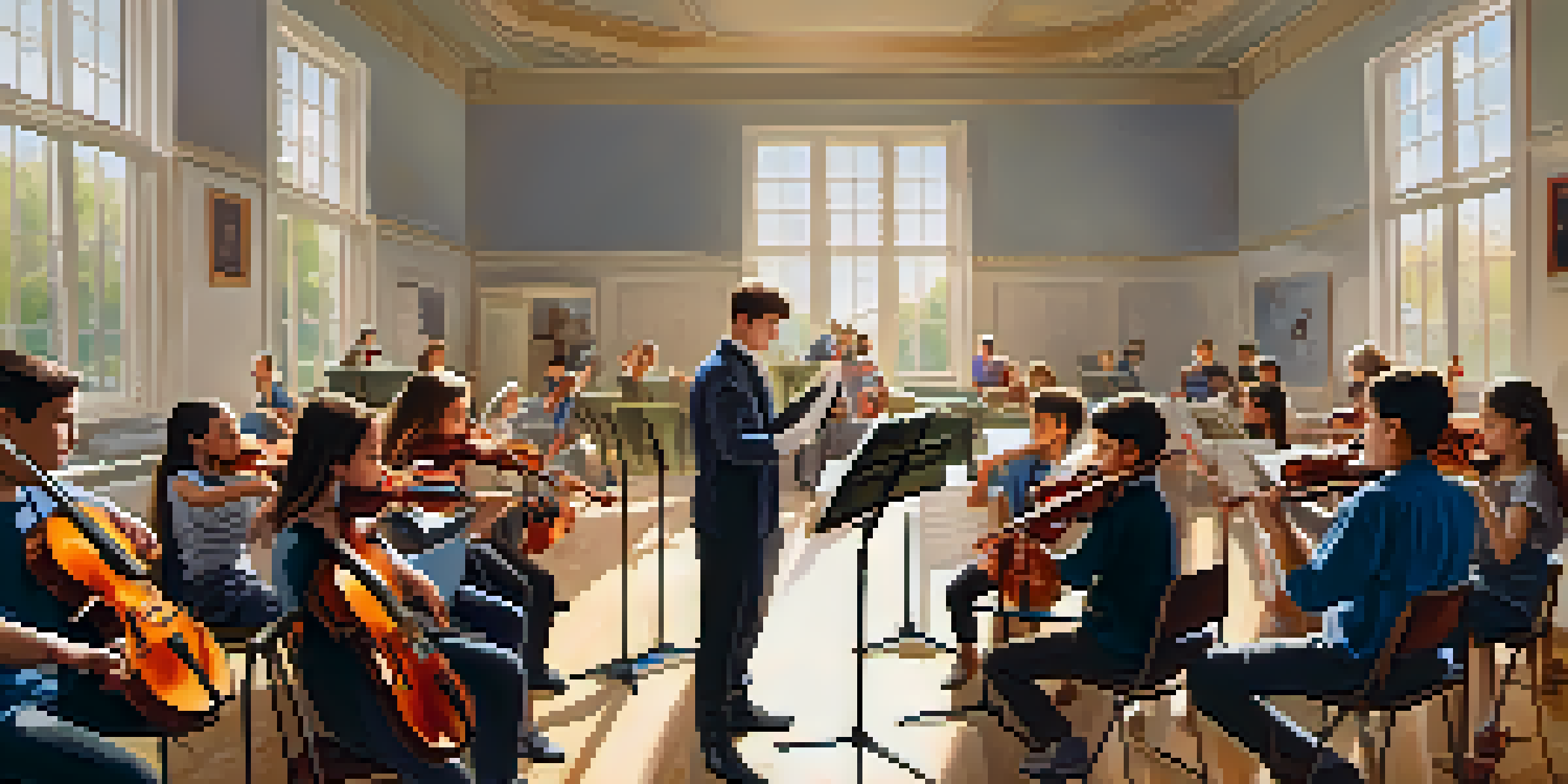 A group of young musicians rehearsing in a community center, playing instruments under the guidance of a conductor, with sheet music around them.
