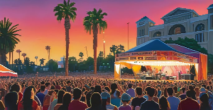 A lively outdoor concert in Pasadena at sunset, with musicians performing on stage and a diverse crowd enjoying the music.